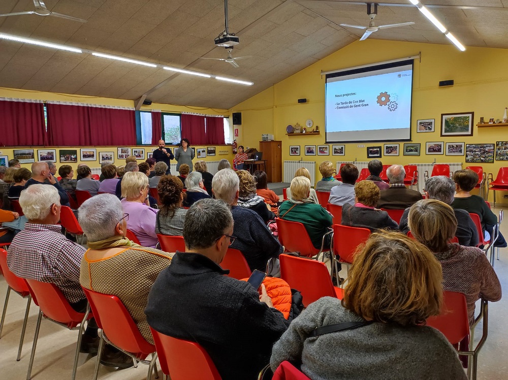 Sala de conferències amb l'audiència d'esquenes i imatge projectada al davant