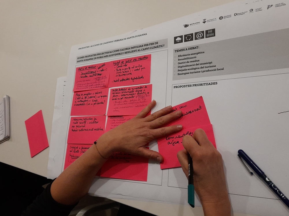 Procés participatiu: Persona escrivint a un postit fucsia